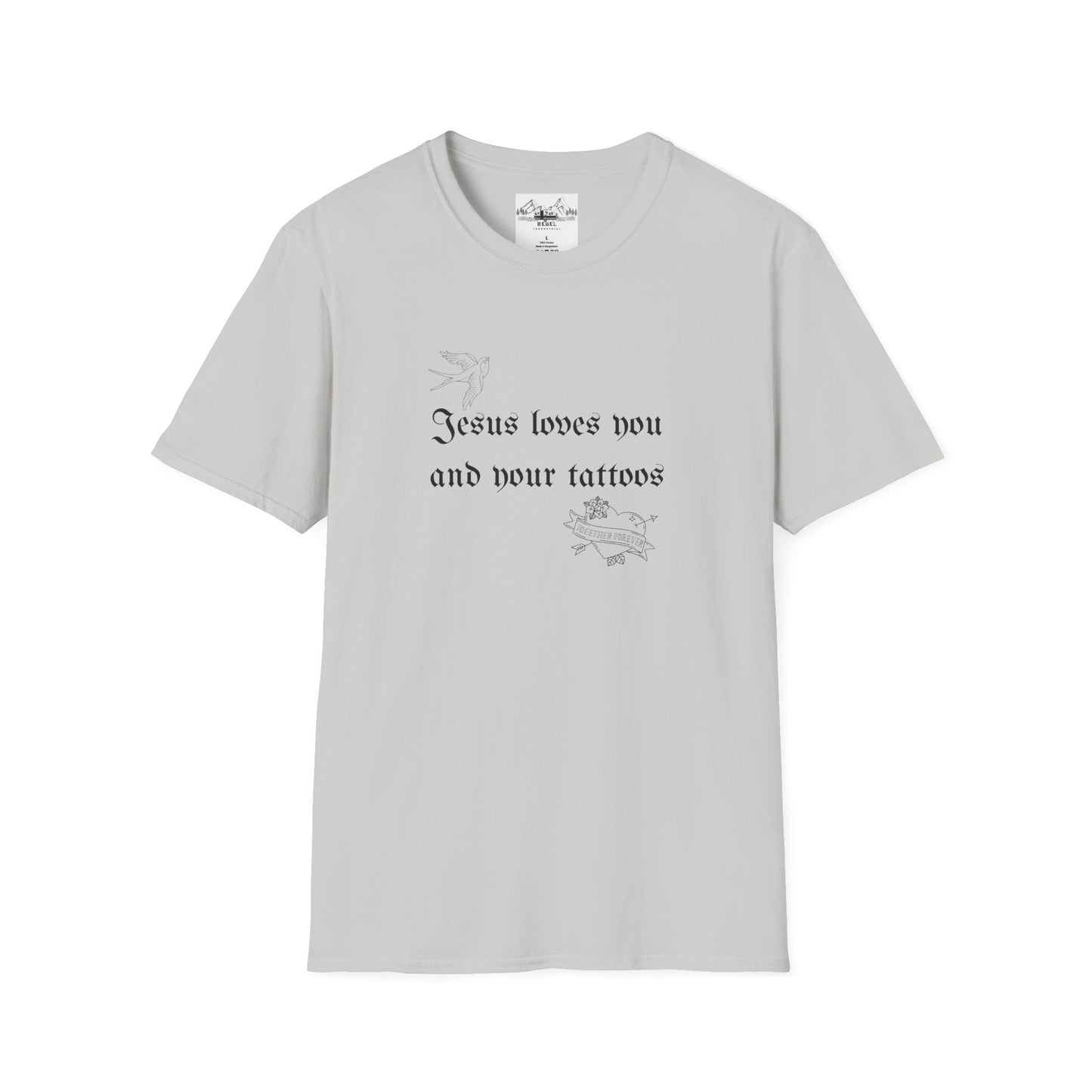 Jesus Loves You and Your Tattoos – Tattoo Dove & Heart T-Shirt