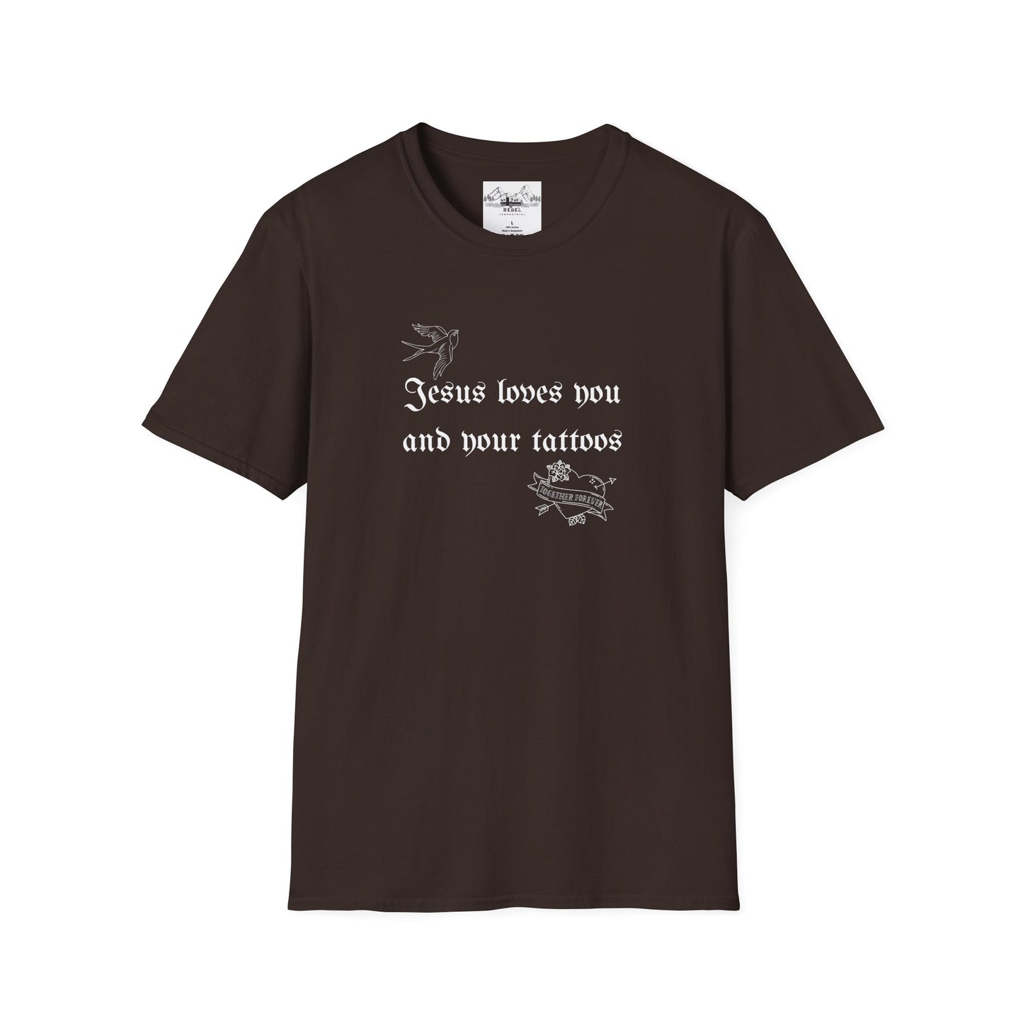Jesus Loves You and Your Tattoos – Tattoo Dove & Heart T-Shirt