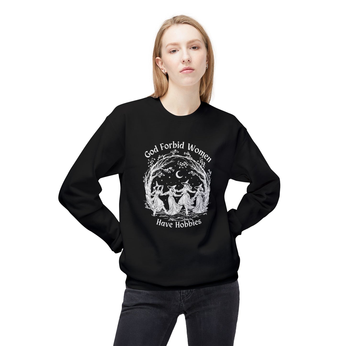 "God Forbid, Women Have Hobbies" Unisex Midweight Fleece Crewneck Sweatshirt