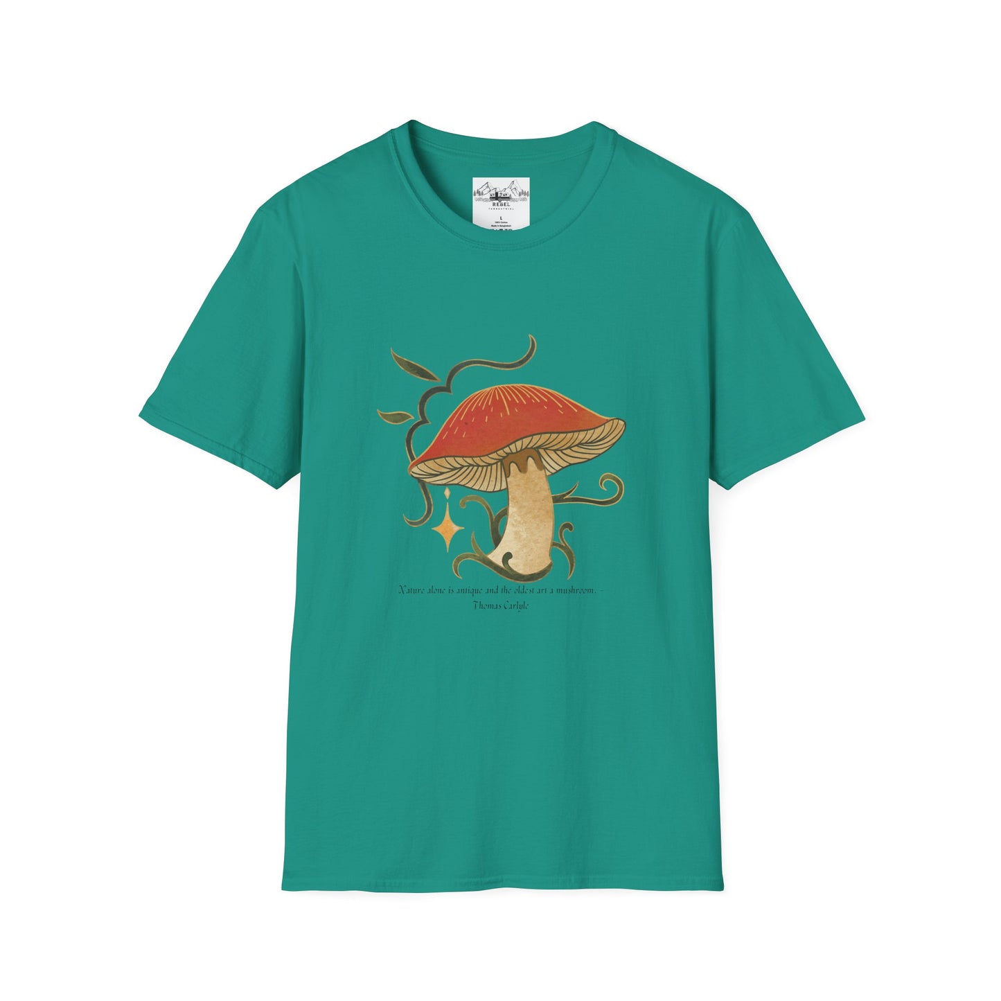 Nature Alone Is Antique – Old World Mushroom Unisex Softstyle T-Shirt | Thomas Carlyle Quote