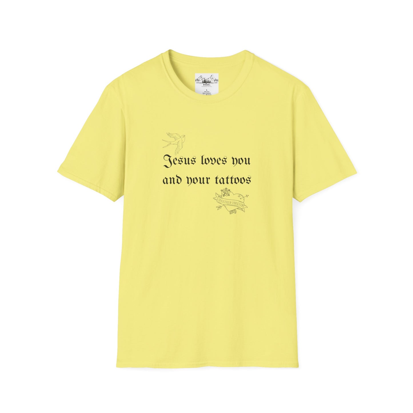 Jesus Loves You and Your Tattoos – Tattoo Dove & Heart T-Shirt