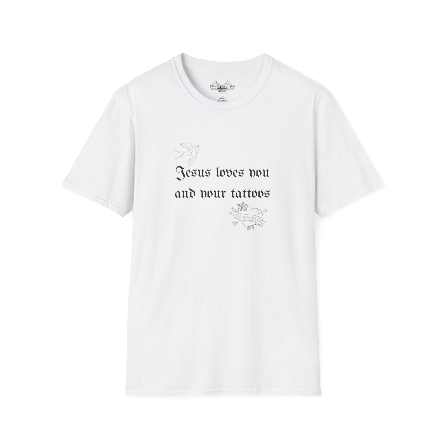 Jesus Loves You and Your Tattoos – Tattoo Dove & Heart T-Shirt