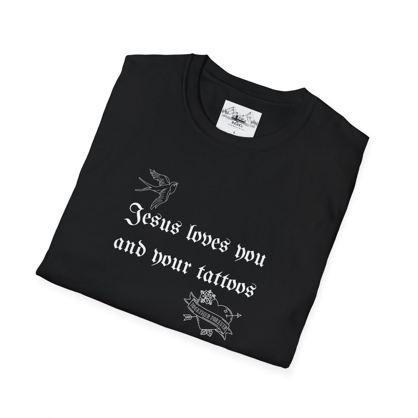 Jesus Loves You and Your Tattoos – Tattoo Dove & Heart T-Shirt