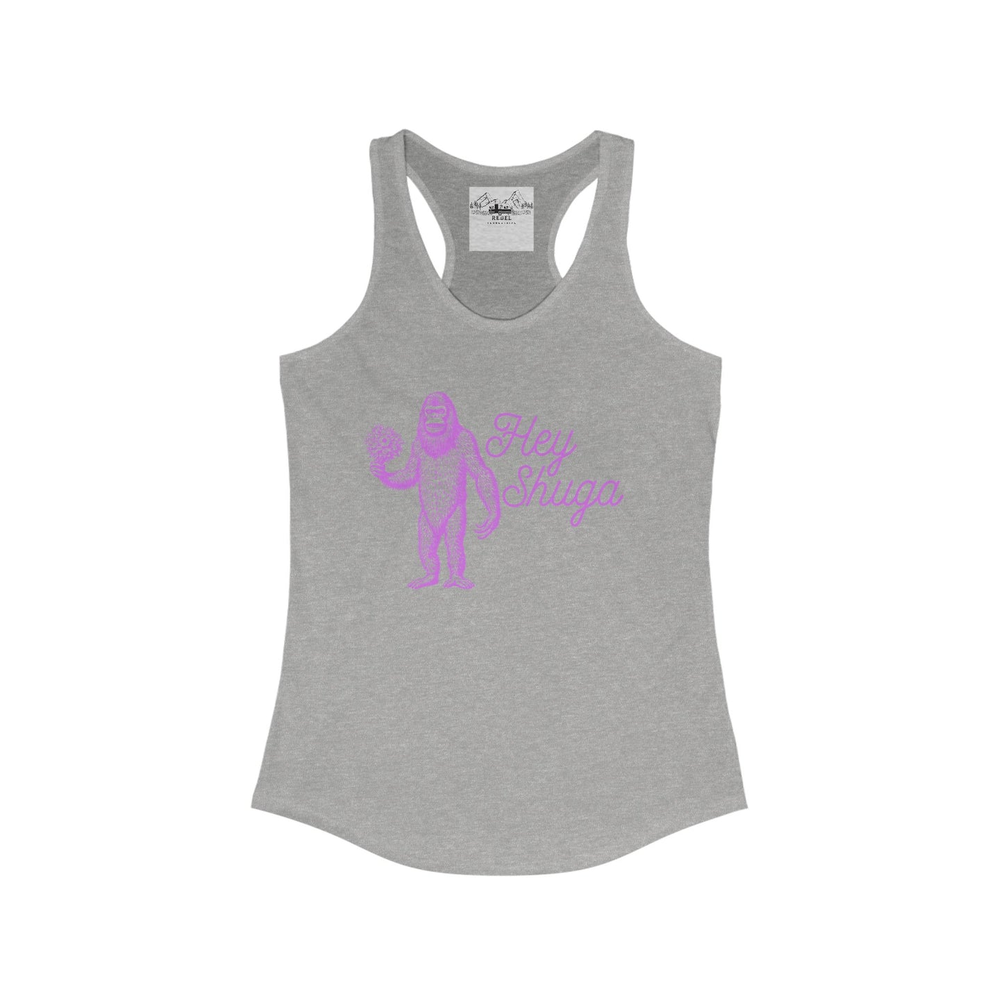 Hey Shuga Women’s Racerback Tank – Bigfoot Holding Flowers in Pink