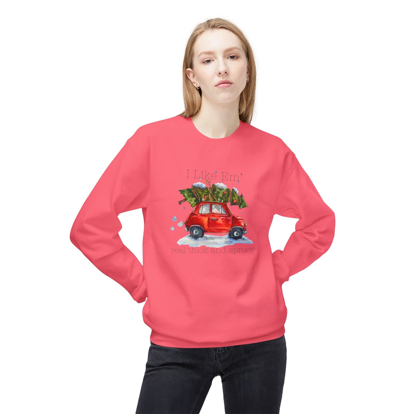 I Like 'Em Real Thick and Sprucy Midweight Crewneck Sweatshirt | Cozy Watercolor Car
