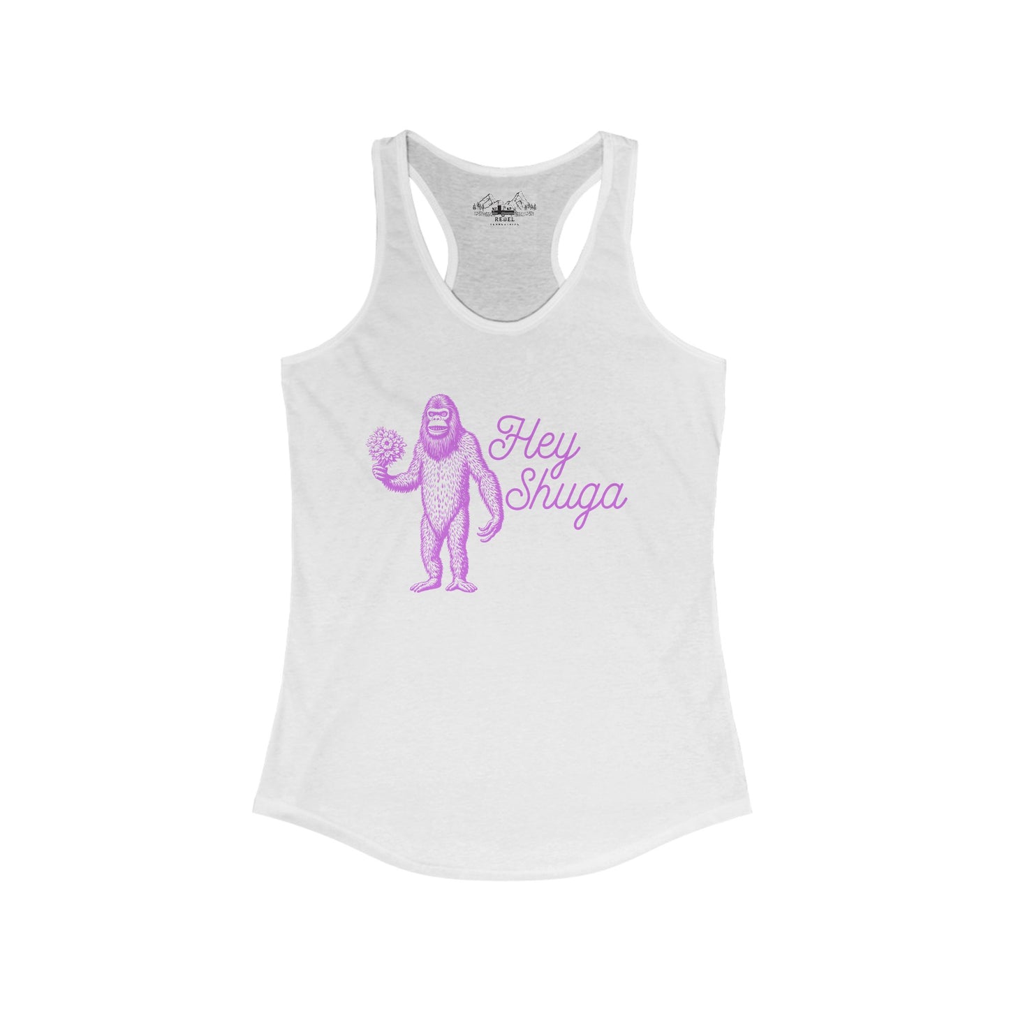 Hey Shuga Women’s Racerback Tank – Bigfoot Holding Flowers in Pink