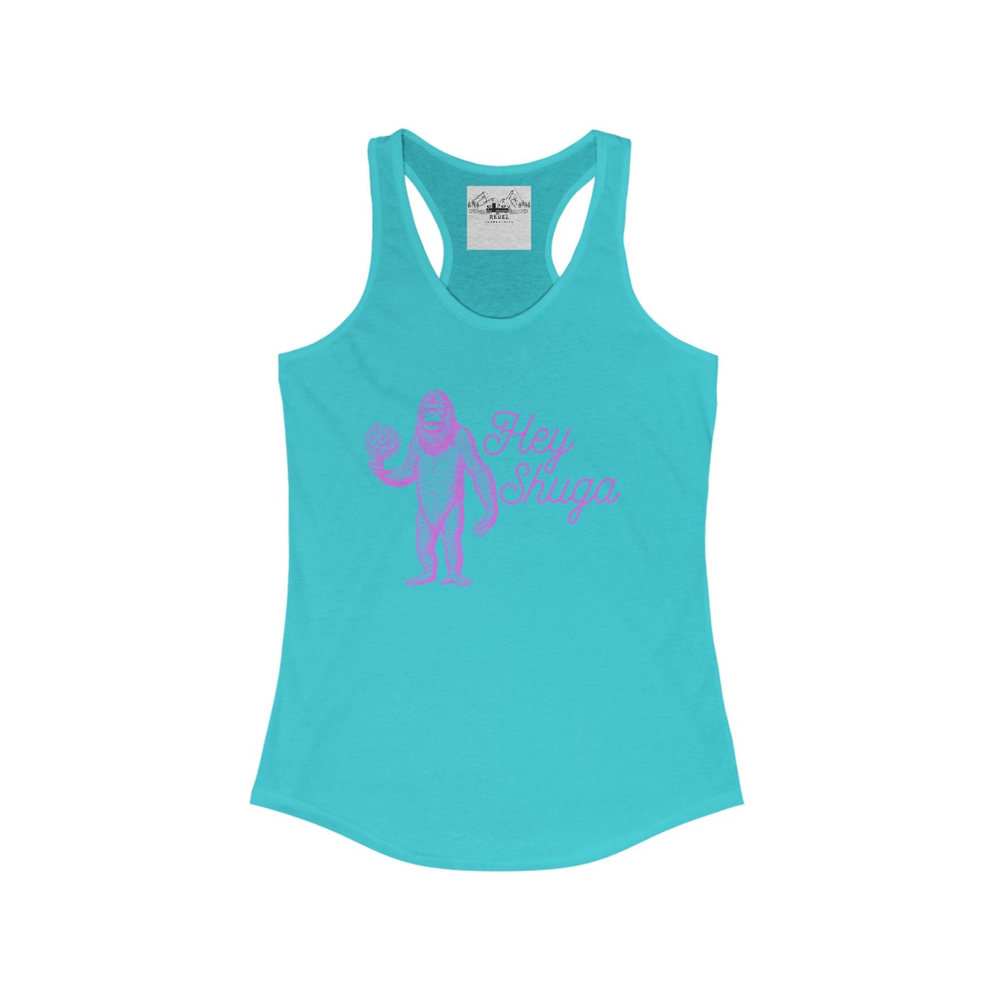 Hey Shuga Women’s Racerback Tank – Bigfoot Holding Flowers in Pink