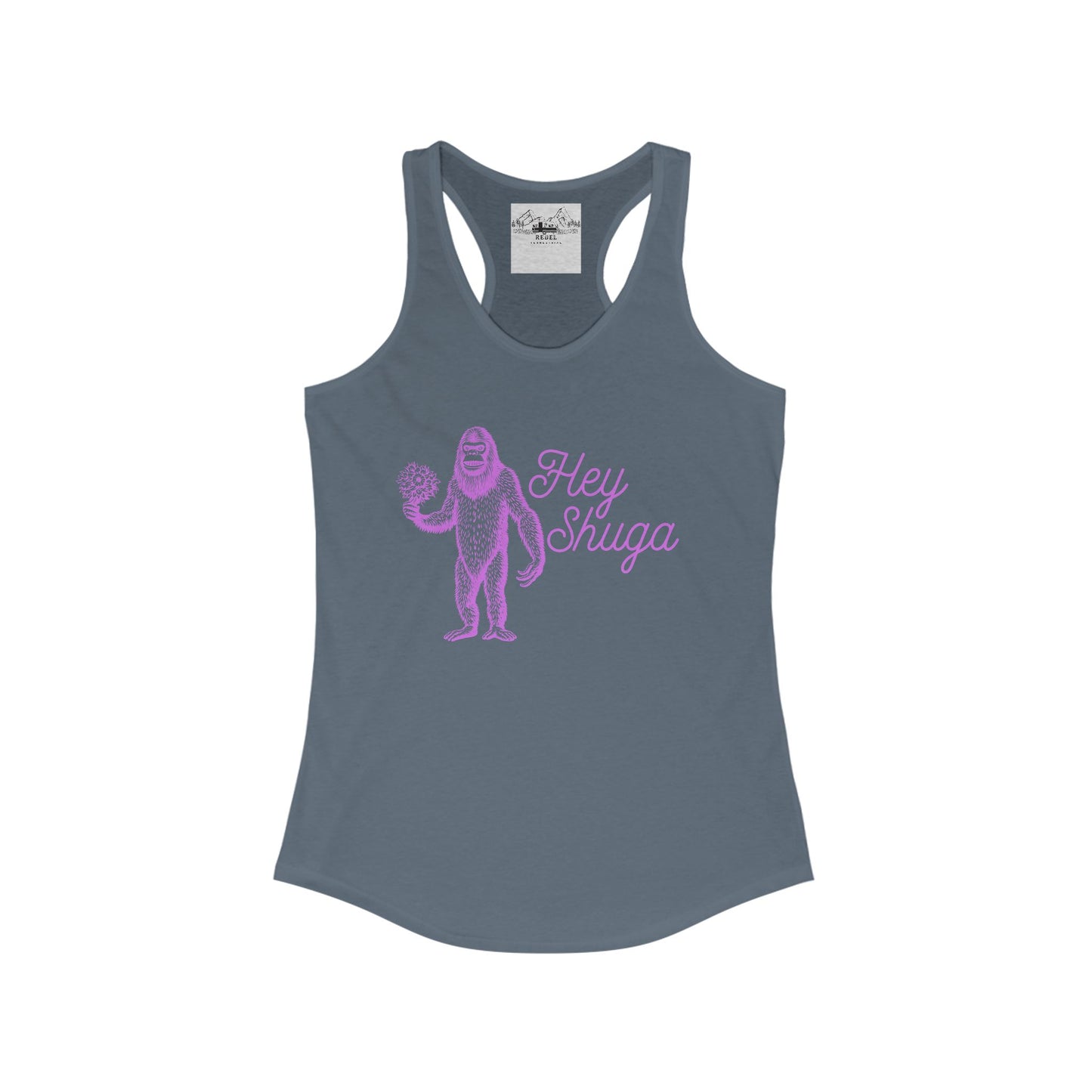 Hey Shuga Women’s Racerback Tank – Bigfoot Holding Flowers in Pink