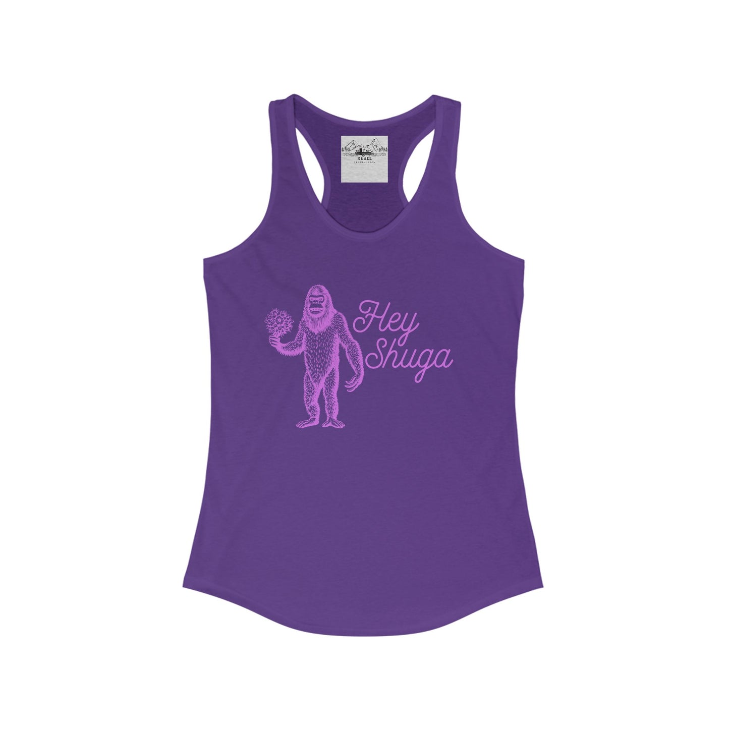 Hey Shuga Women’s Racerback Tank – Bigfoot Holding Flowers in Pink