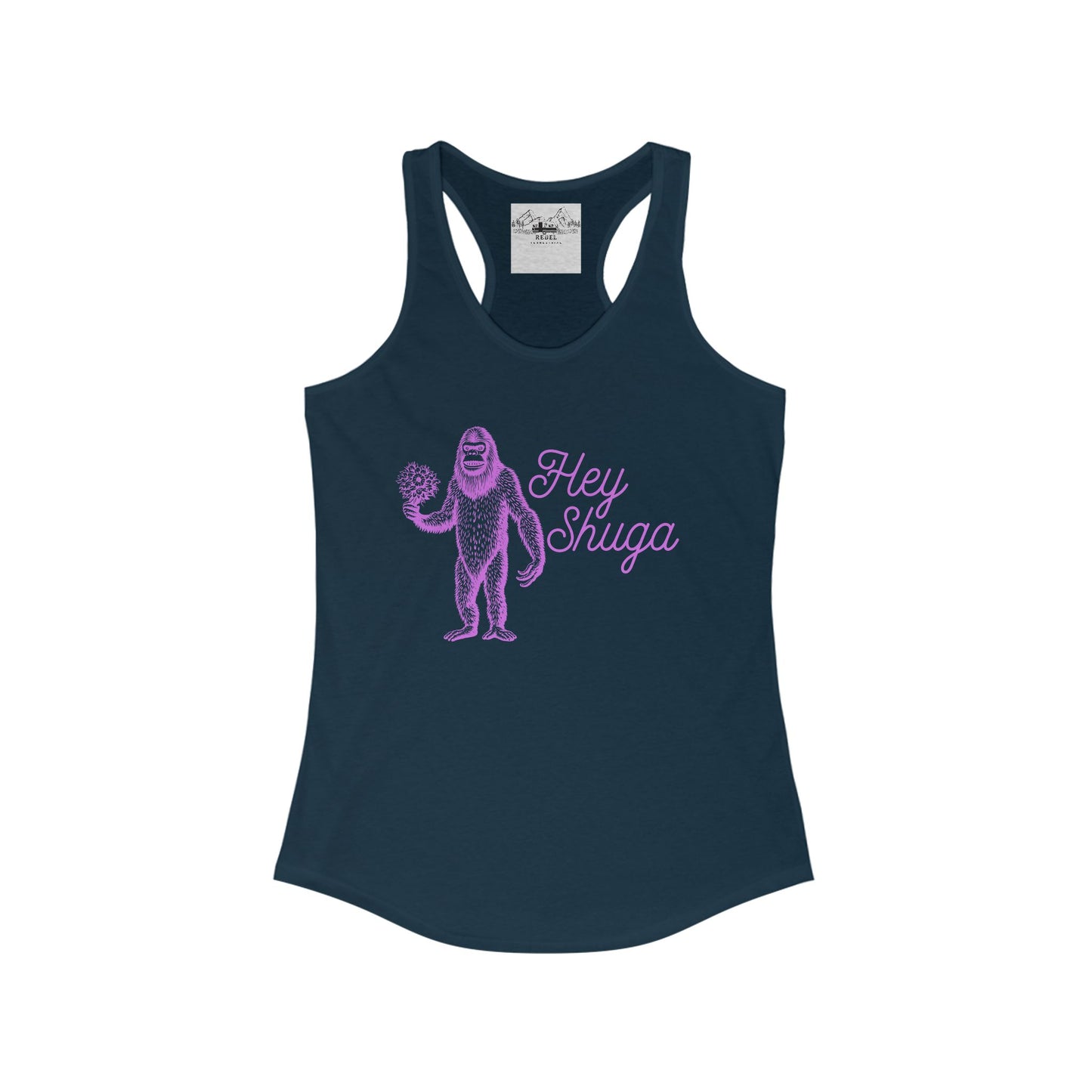 Hey Shuga Women’s Racerback Tank – Bigfoot Holding Flowers in Pink