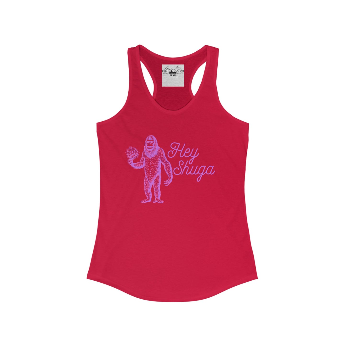 Hey Shuga Women’s Racerback Tank – Bigfoot Holding Flowers in Pink