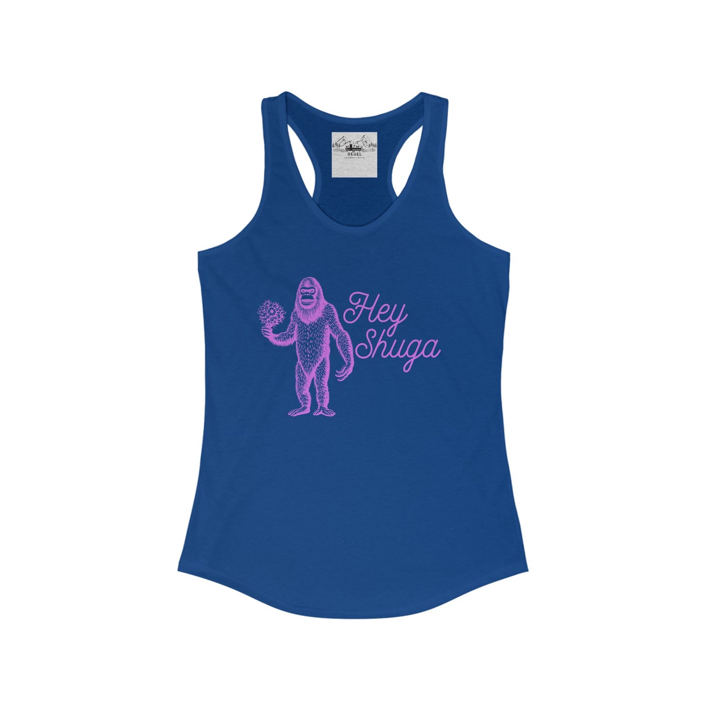 Hey Shuga Women’s Racerback Tank – Bigfoot Holding Flowers in Pink