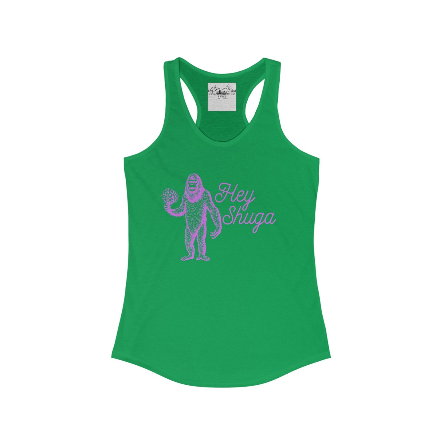 Hey Shuga Women’s Racerback Tank – Bigfoot Holding Flowers in Pink