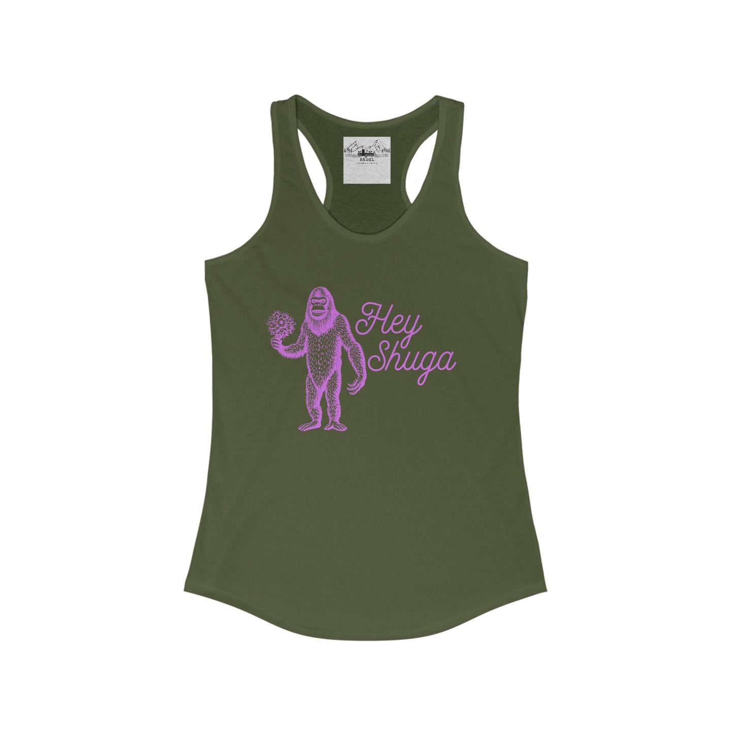 Hey Shuga Women’s Racerback Tank – Bigfoot Holding Flowers in Pink