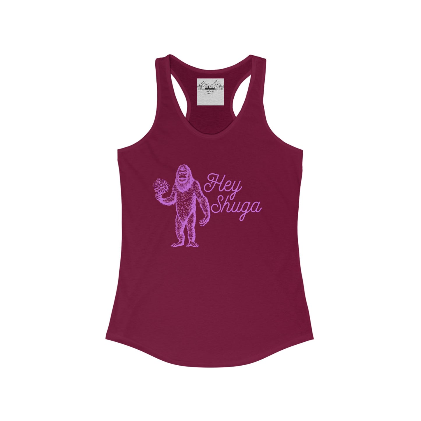 Hey Shuga Women’s Racerback Tank – Bigfoot Holding Flowers in Pink
