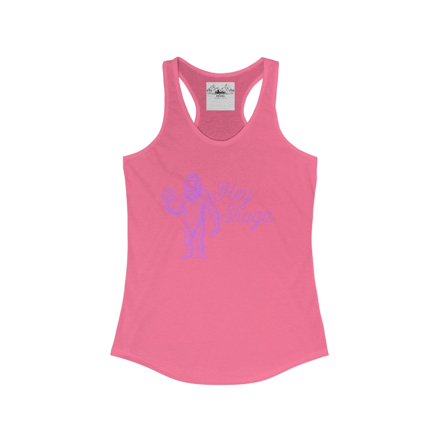 Hey Shuga Women’s Racerback Tank – Bigfoot Holding Flowers in Pink