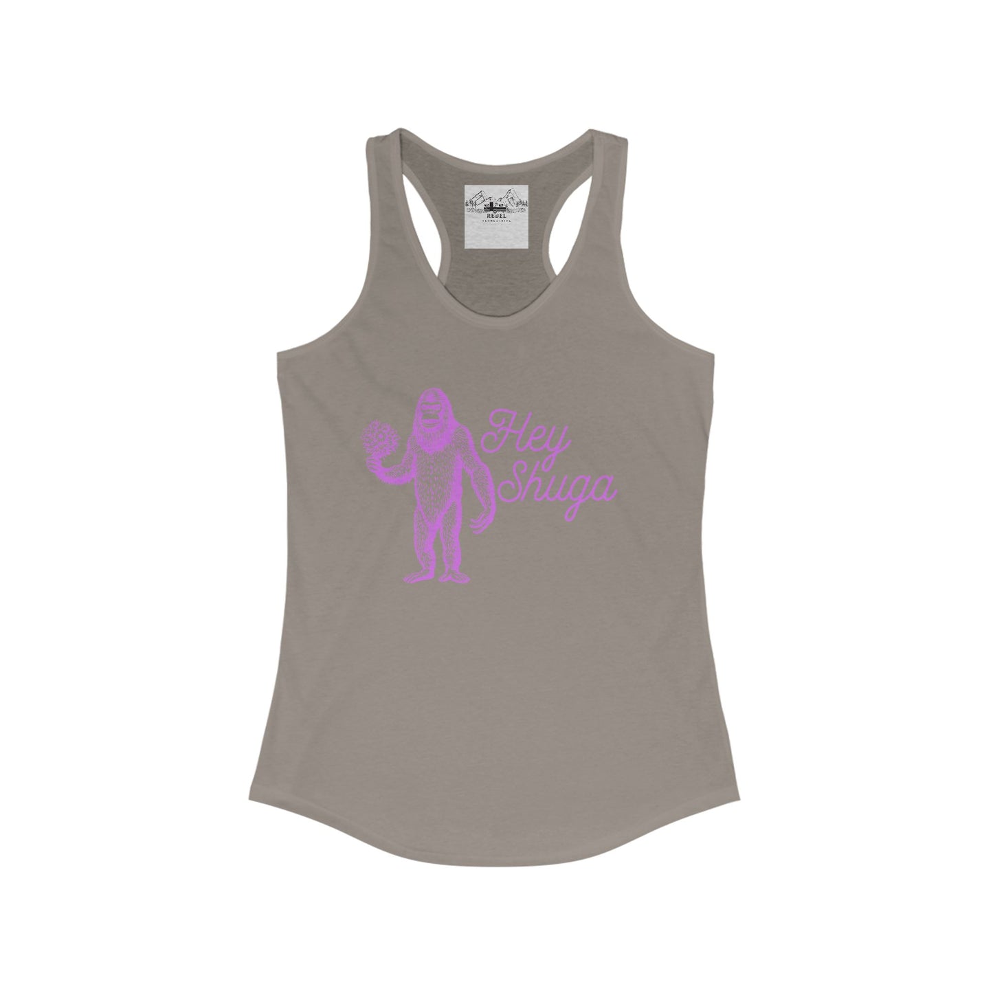 Hey Shuga Women’s Racerback Tank – Bigfoot Holding Flowers in Pink