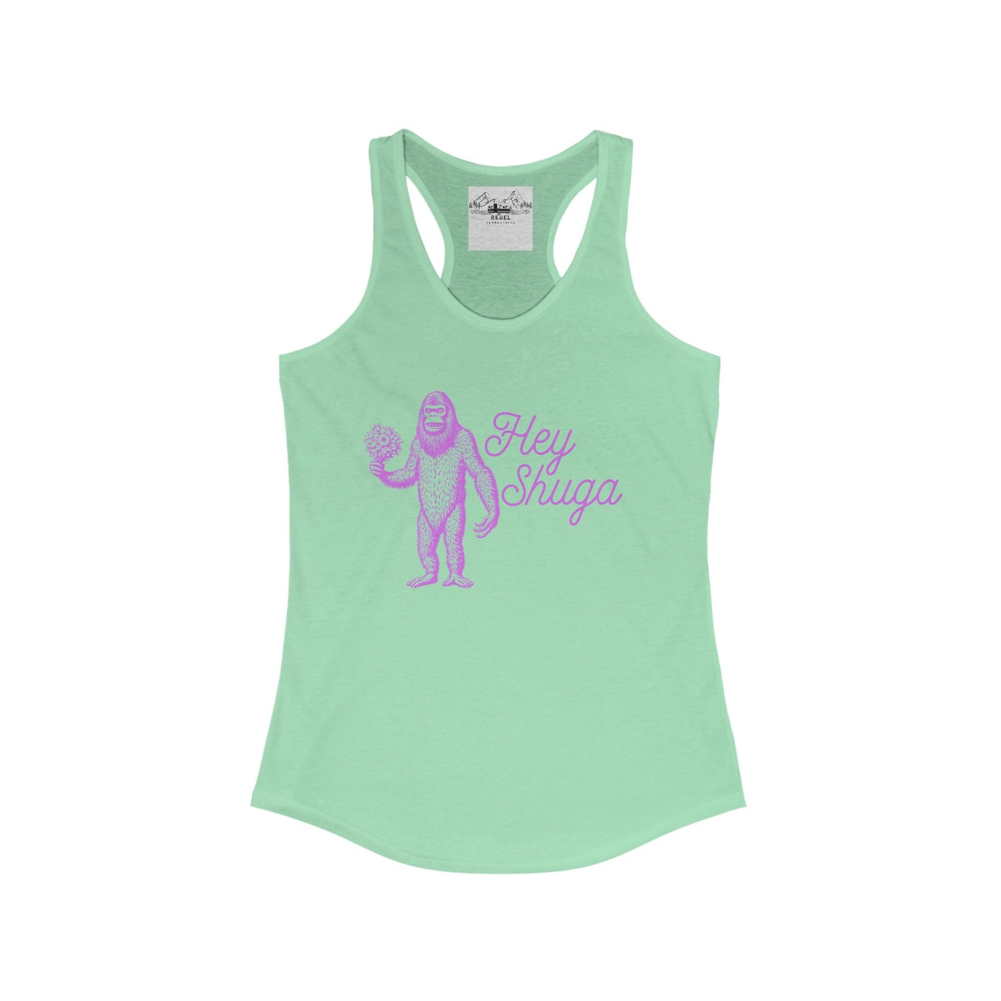 Hey Shuga Women’s Racerback Tank – Bigfoot Holding Flowers in Pink