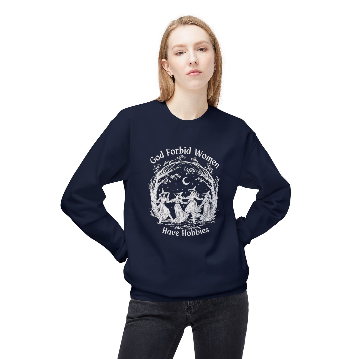 "God Forbid, Women Have Hobbies" Unisex Midweight Fleece Crewneck Sweatshirt