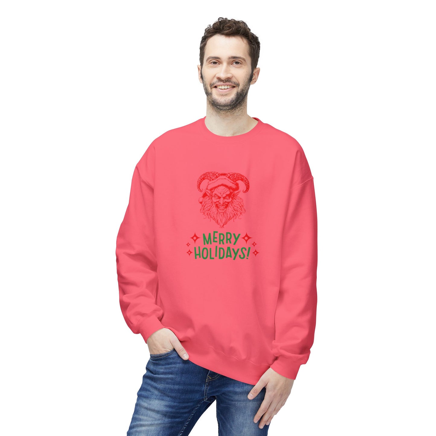 Smiling Krampus "Merry Holidays" Midweight Crewneck Sweatshirt | Cozy Fleece