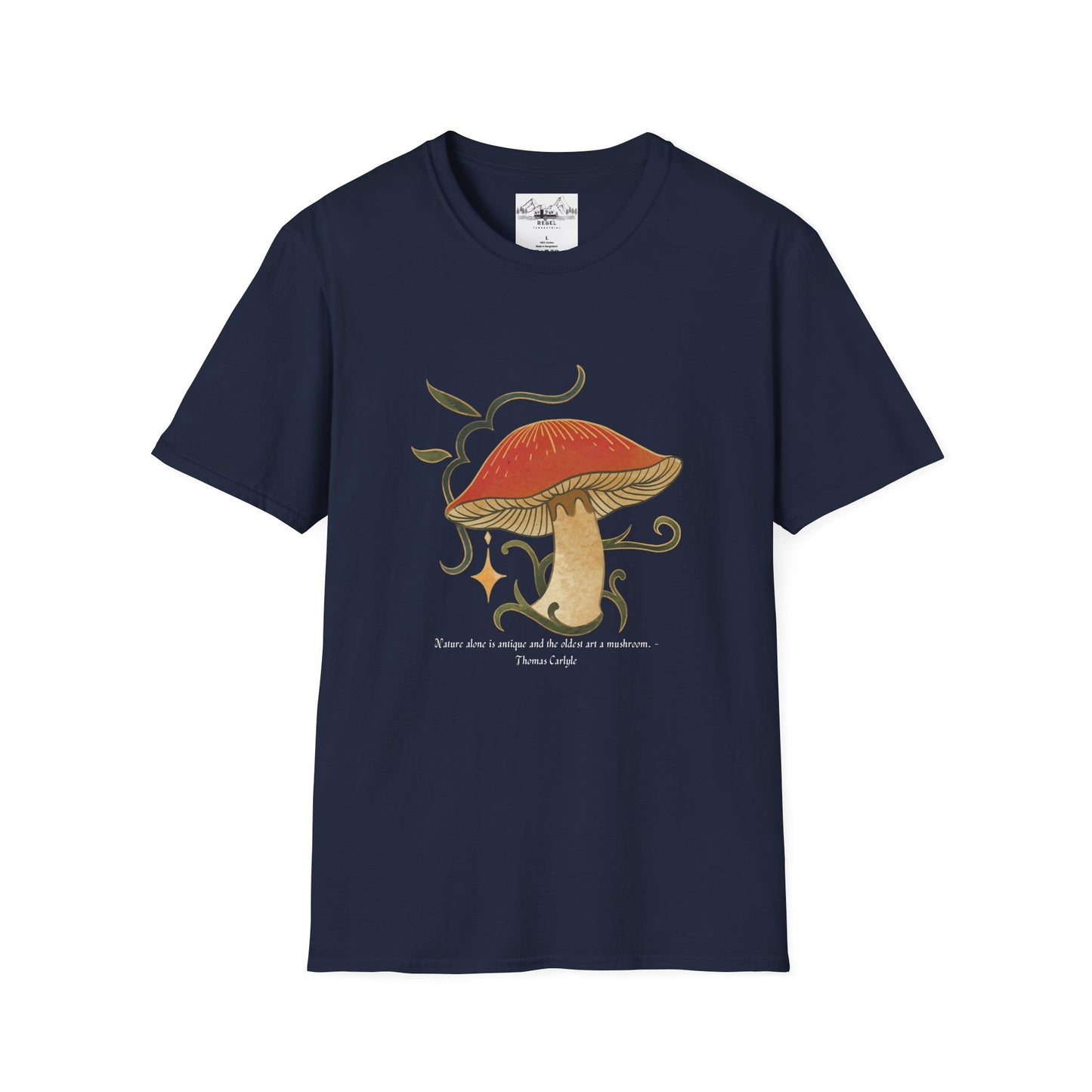Nature Alone Is Antique – Old World Mushroom Unisex Softstyle T-Shirt | Thomas Carlyle Quote