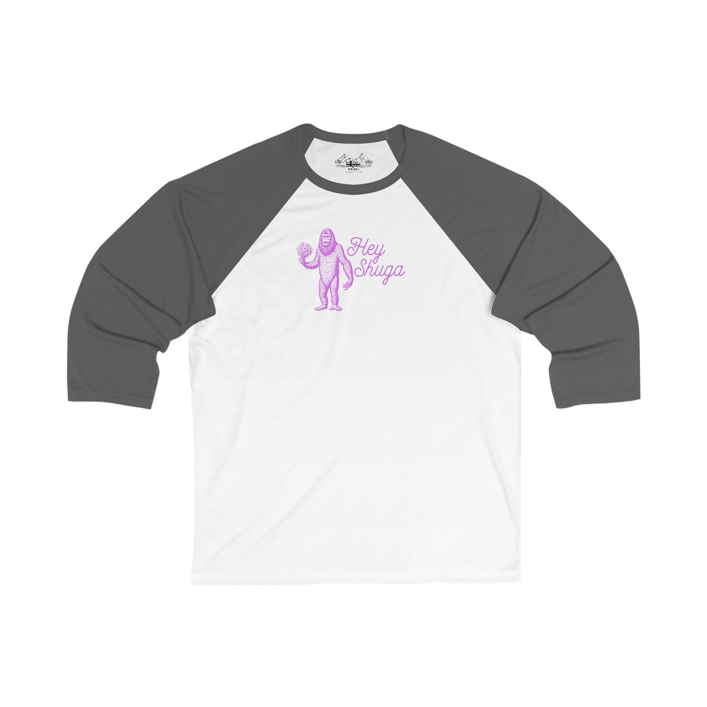 Hey Shuga 3/4 Sleeve Baseball Tee – Bigfoot with Flowers in Pink