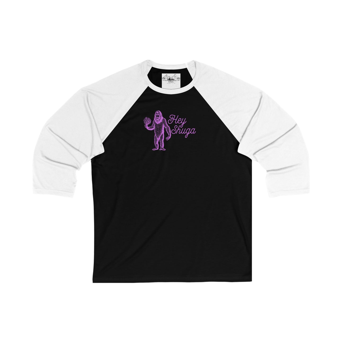 Hey Shuga 3/4 Sleeve Baseball Tee – Bigfoot with Flowers in Pink