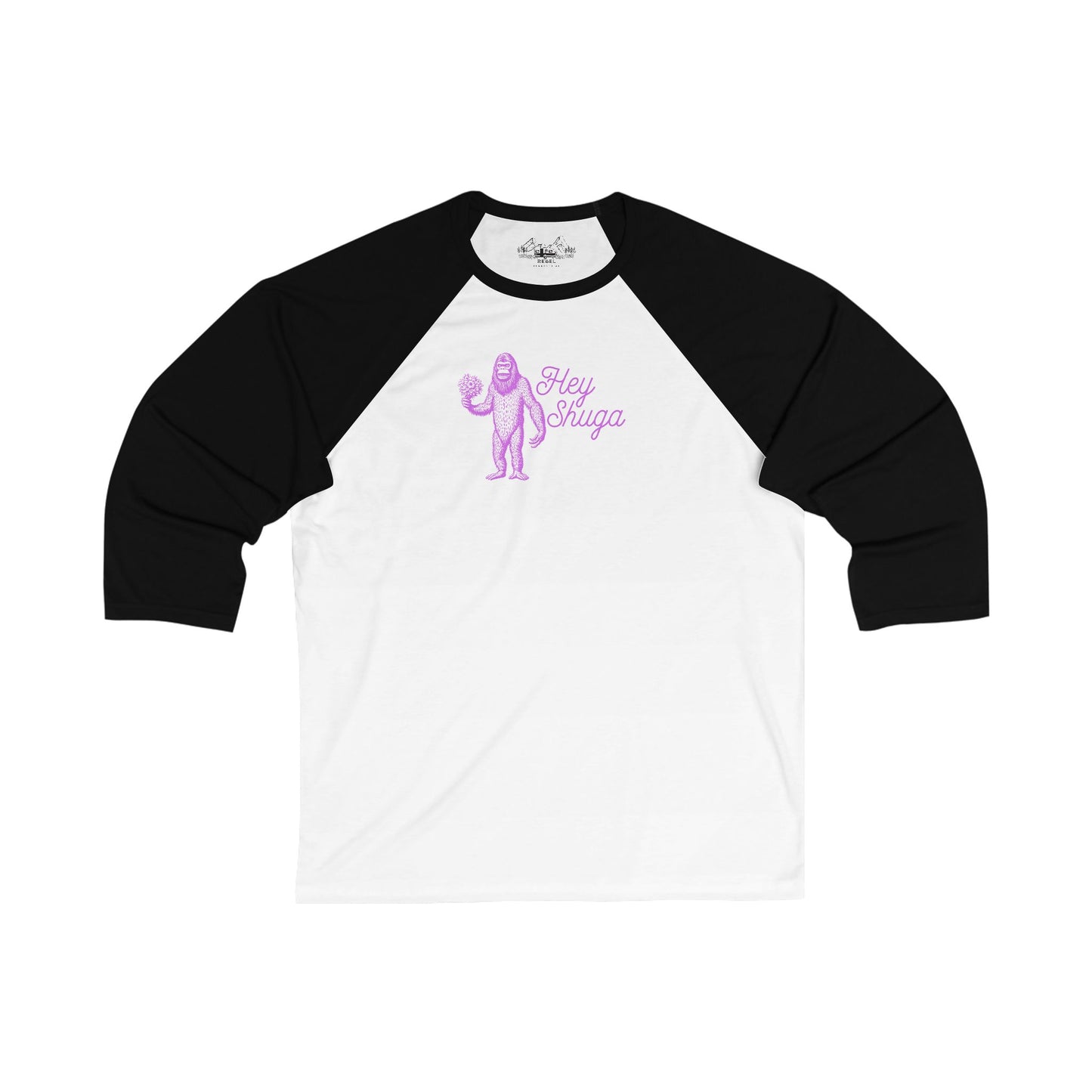 Hey Shuga 3/4 Sleeve Baseball Tee – Bigfoot with Flowers in Pink