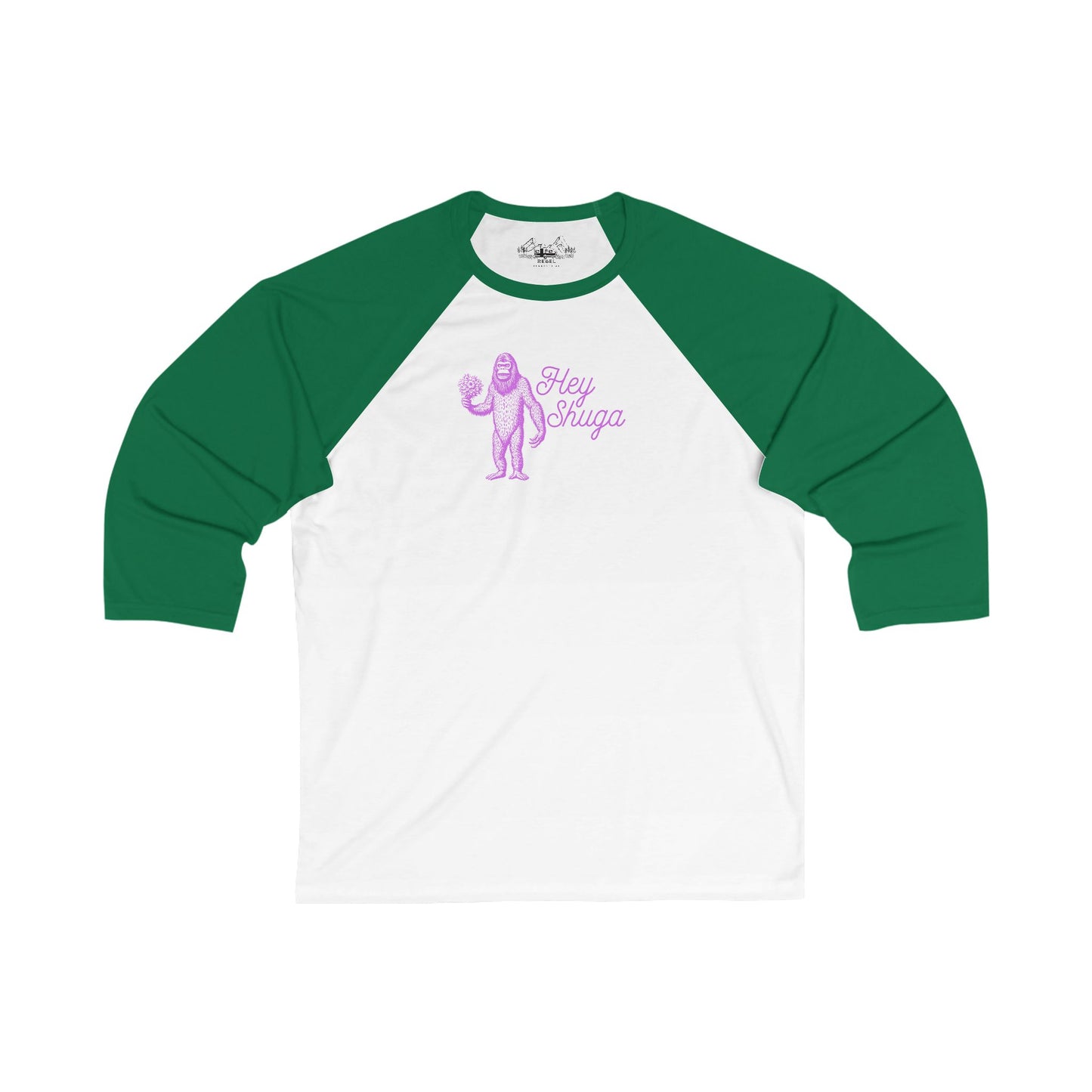 Hey Shuga 3/4 Sleeve Baseball Tee – Bigfoot with Flowers in Pink