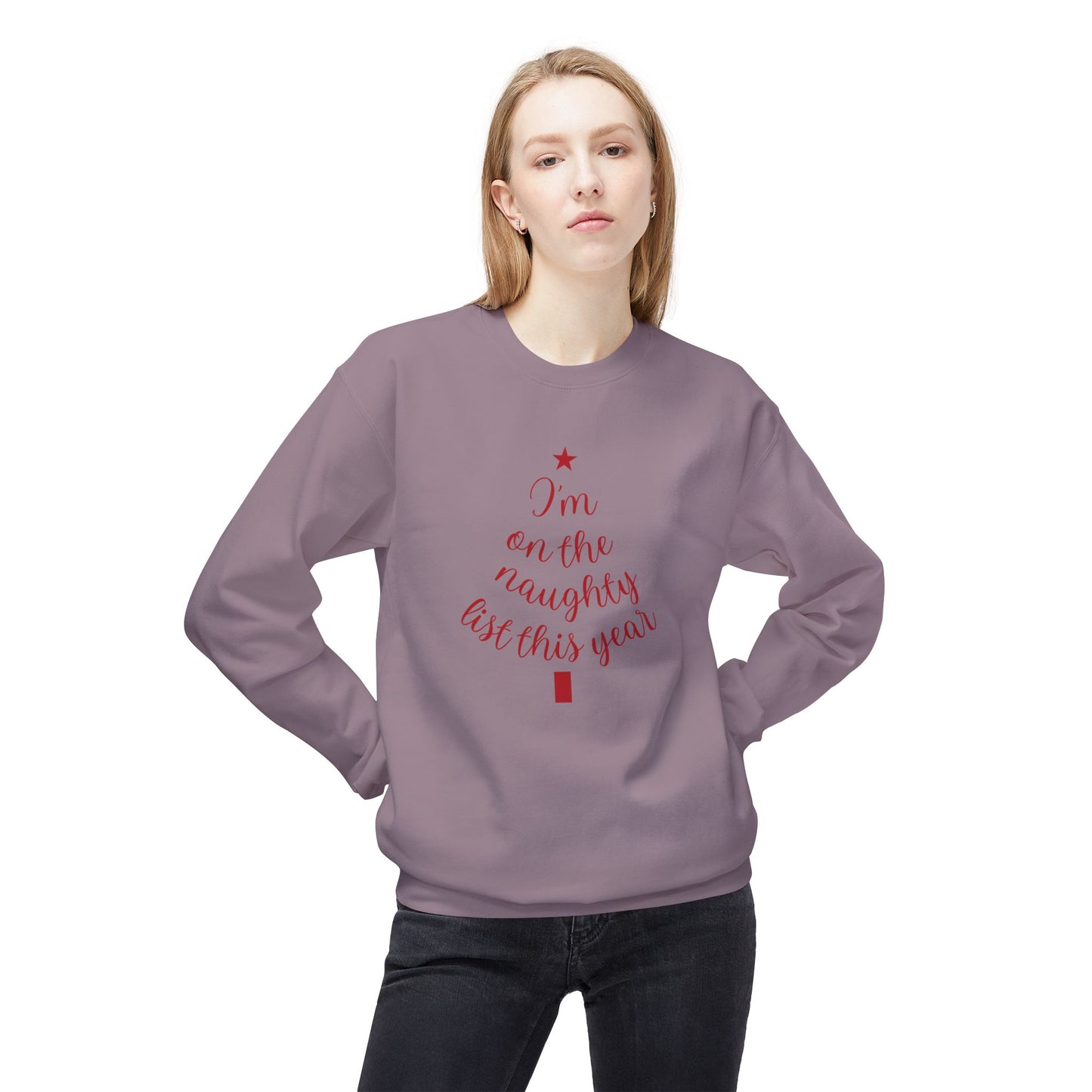 "Naughty List This Year" — Minimalist Tree Script Cozy Crewneck Sweatshirt