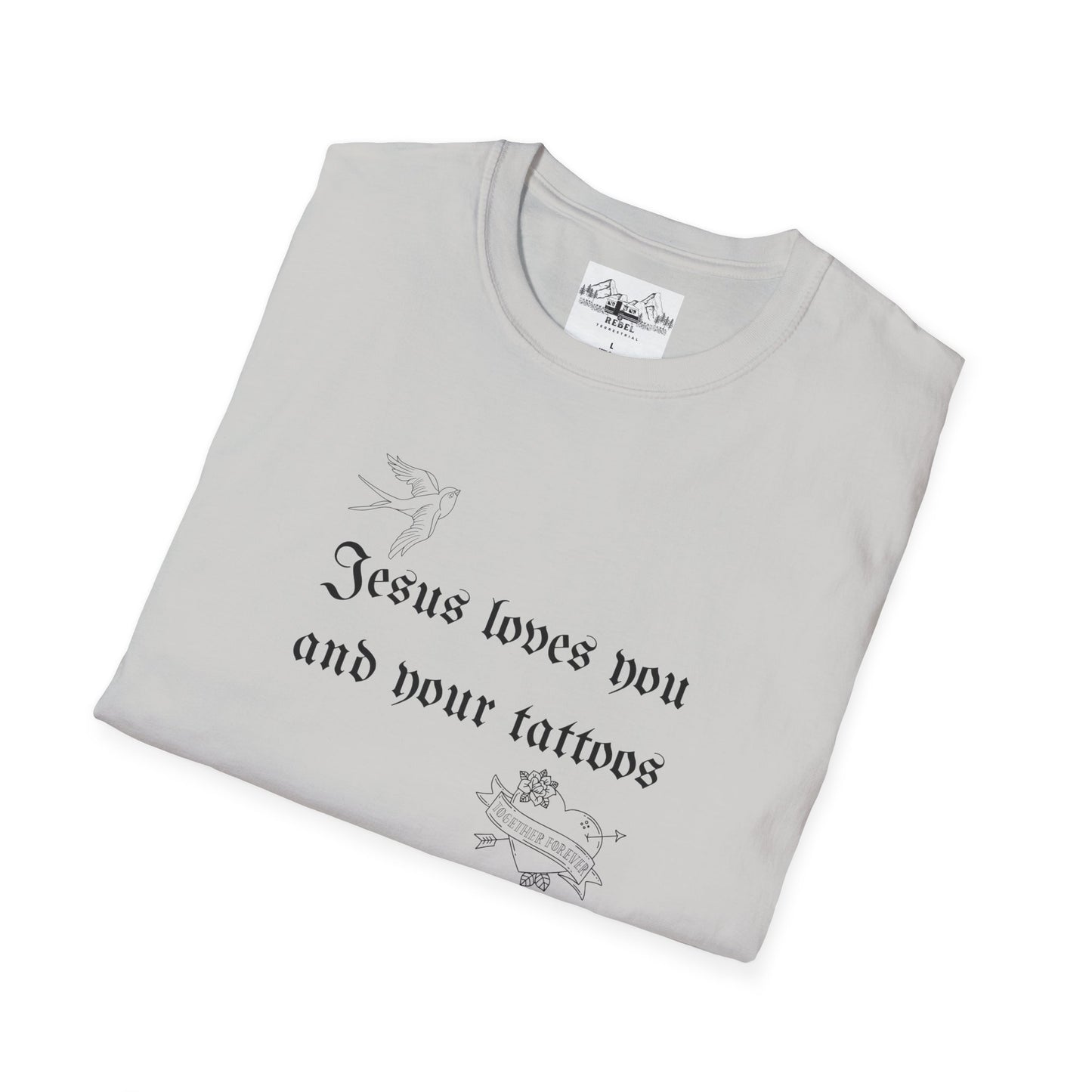 Jesus Loves You and Your Tattoos – Tattoo Dove & Heart T-Shirt