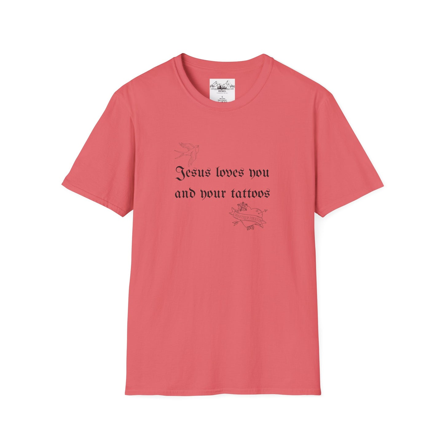 Jesus Loves You and Your Tattoos – Tattoo Dove & Heart T-Shirt
