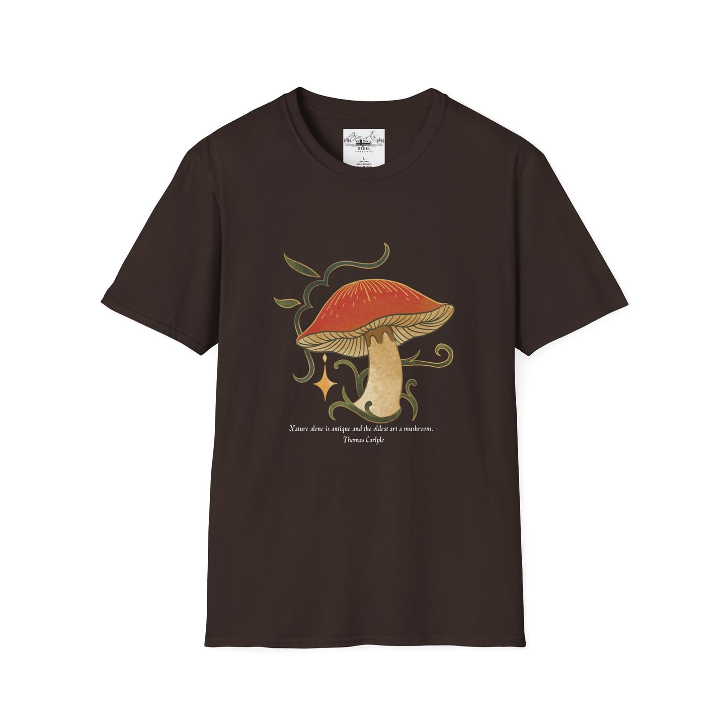 Nature Alone Is Antique – Old World Mushroom Unisex Softstyle T-Shirt | Thomas Carlyle Quote