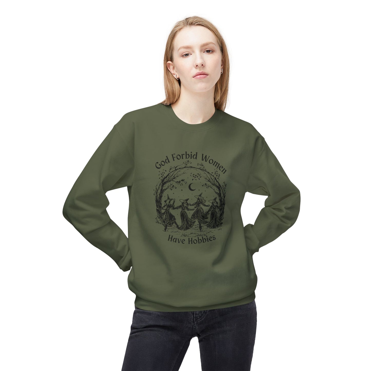 "God Forbid, Women Have Hobbies" Unisex Midweight Fleece Crewneck Sweatshirt