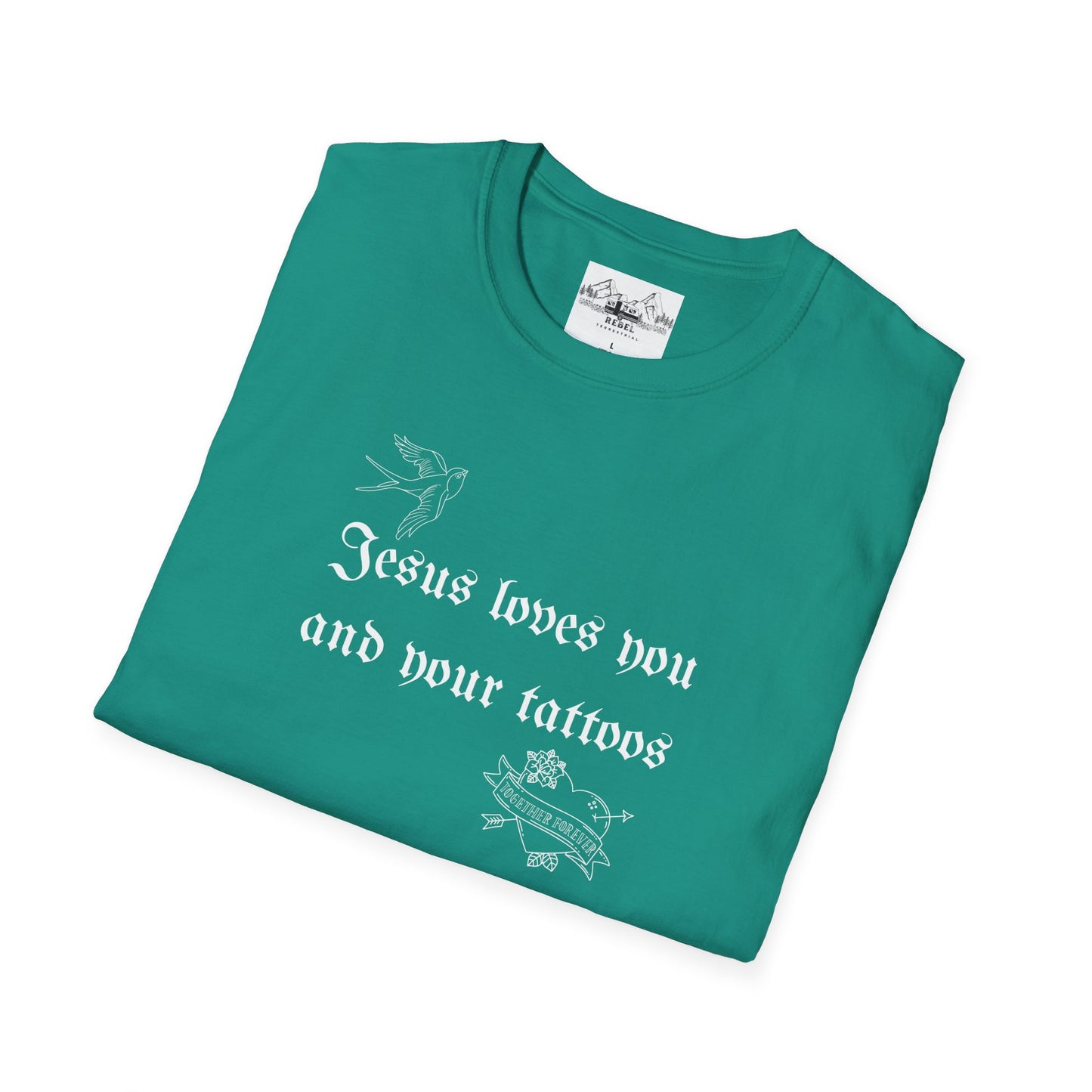 Jesus Loves You and Your Tattoos – Tattoo Dove & Heart T-Shirt