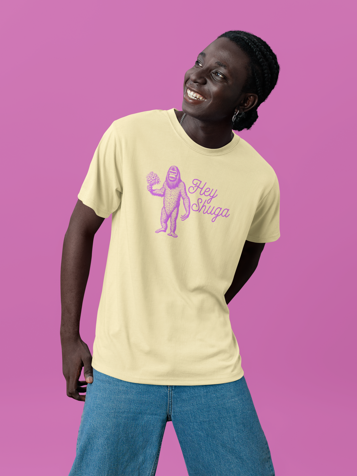 Hey Shuga Bigfoot T-Shirt – Unisex Softstyle Tee in Lurid Pink