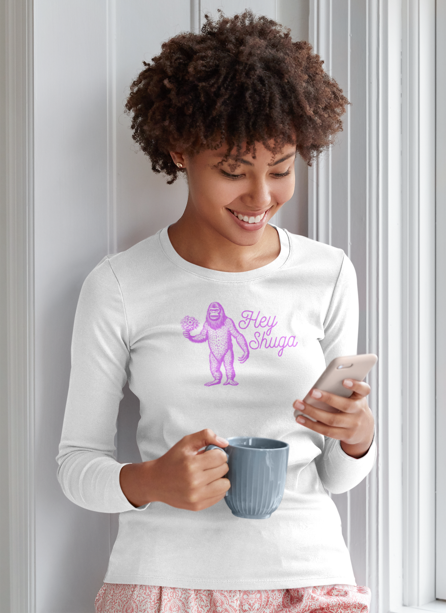 Hey Shuga Long Sleeve Tee – Bigfoot with Flowers in Pink