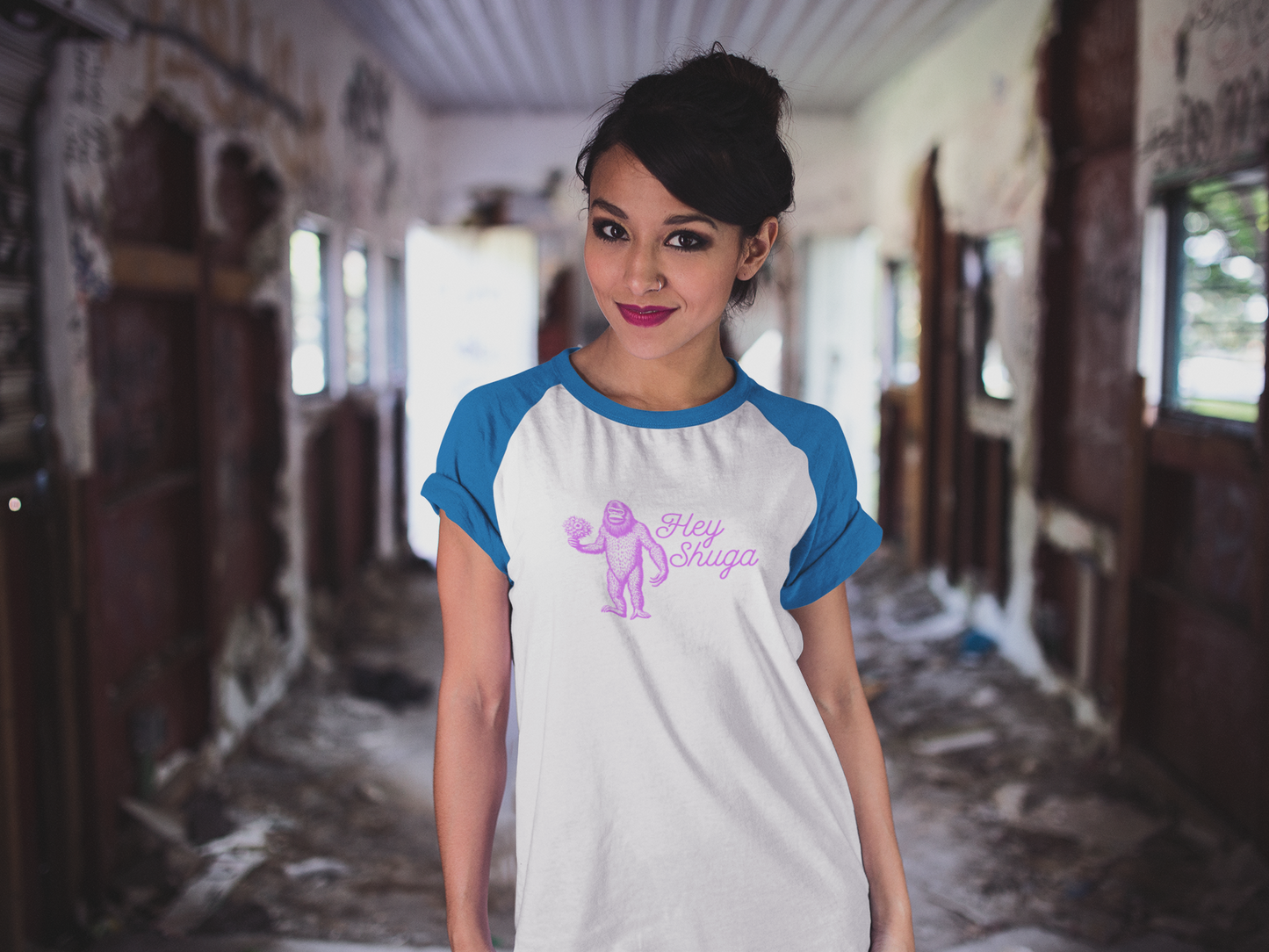 Hey Shuga 3/4 Sleeve Baseball Tee – Bigfoot with Flowers in Pink