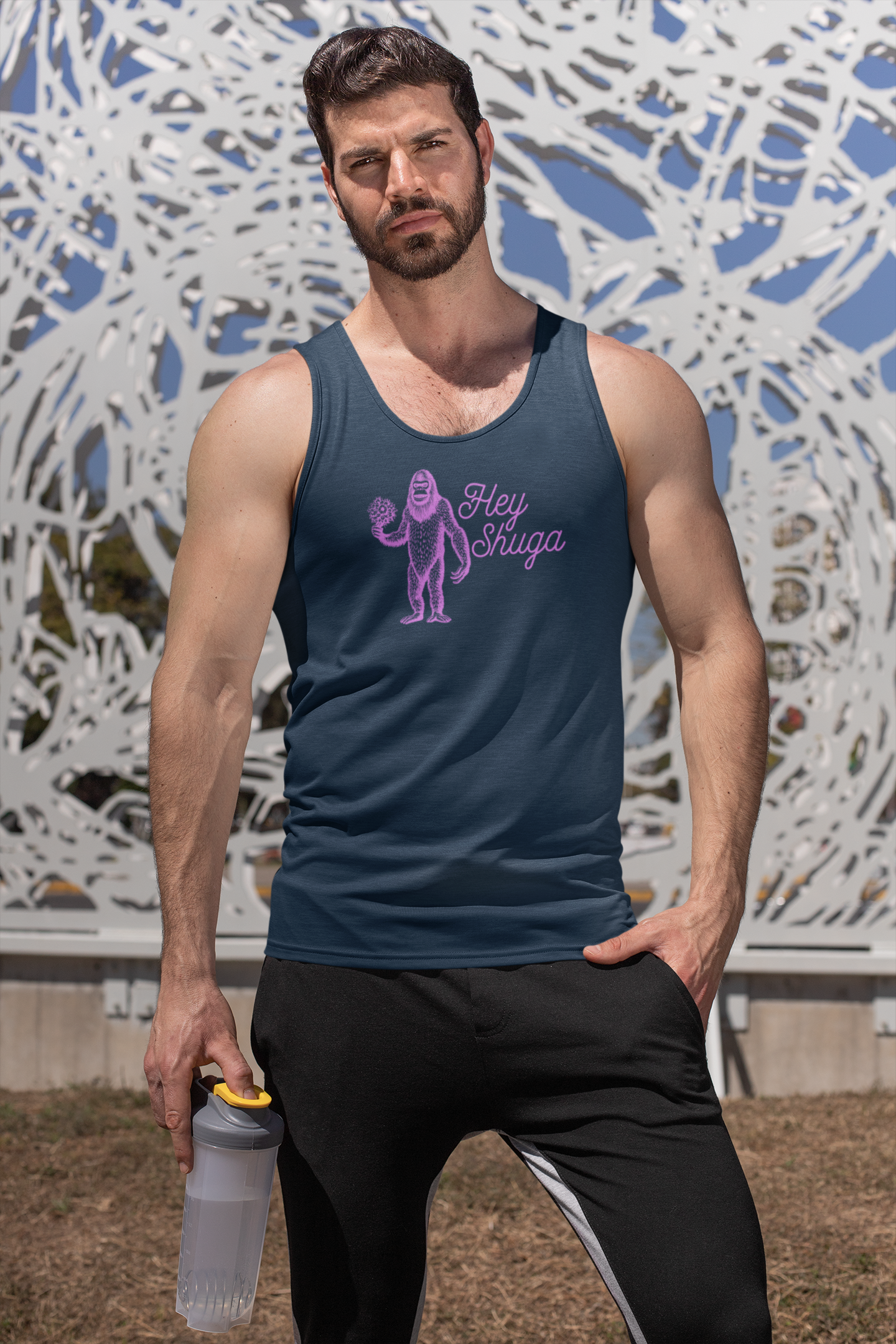 Hey Shuga Unisex Tank Top – Bigfoot with Flowers in Pink
