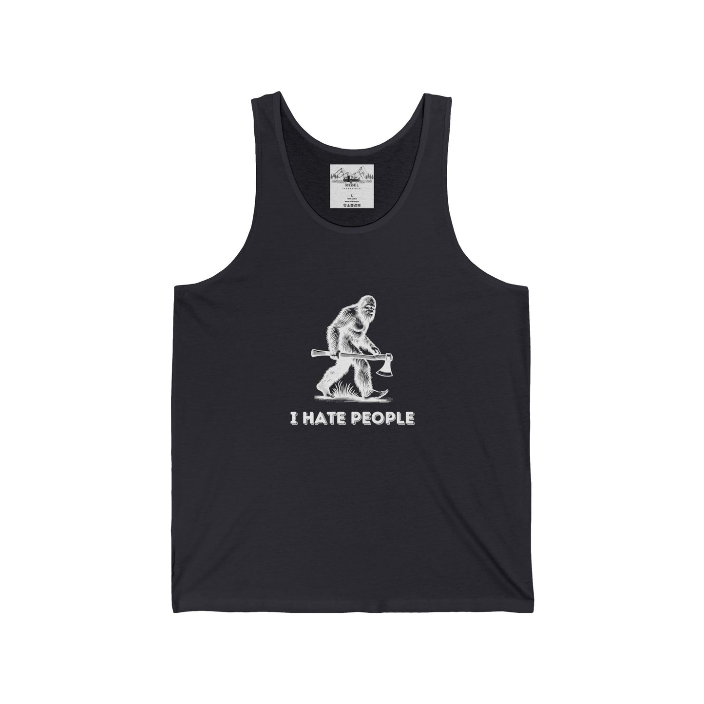 Bigfoot with Axe – "I Hate People" Unisex Jersey Tank