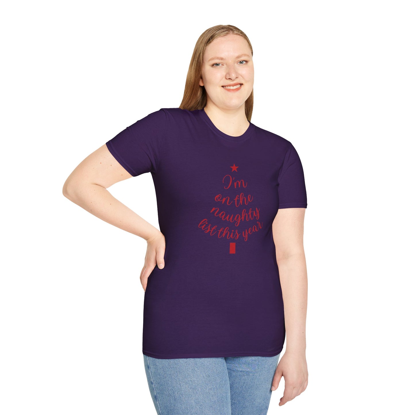 "I'm on the Naughty List This Year" — Subtle Tree-Shaped Script T-Shirt