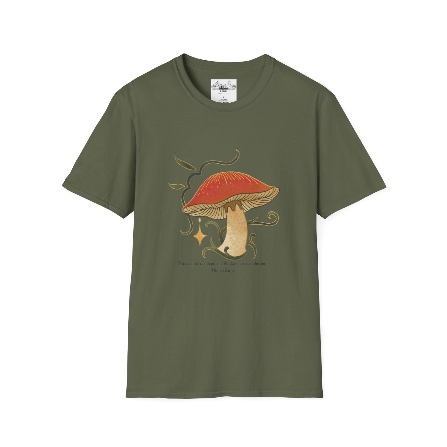 Nature Alone Is Antique – Old World Mushroom Unisex Softstyle T-Shirt | Thomas Carlyle Quote