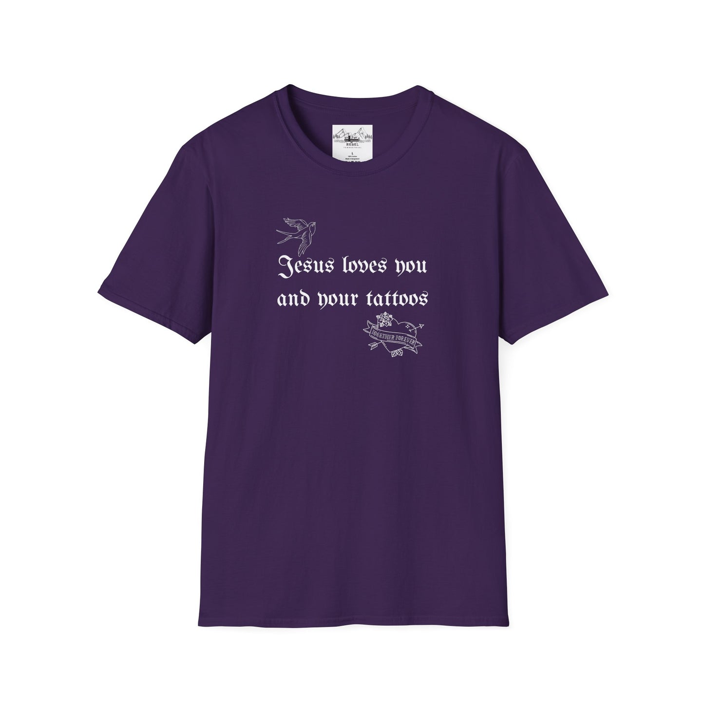 Jesus Loves You and Your Tattoos – Tattoo Dove & Heart T-Shirt