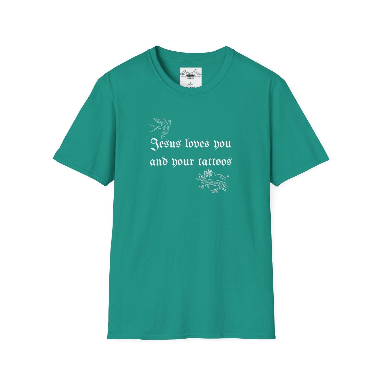 Jesus Loves You and Your Tattoos – Tattoo Dove & Heart T-Shirt