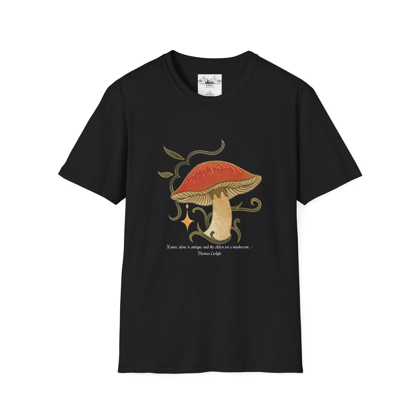 Nature Alone Is Antique – Old World Mushroom Unisex Softstyle T-Shirt | Thomas Carlyle Quote