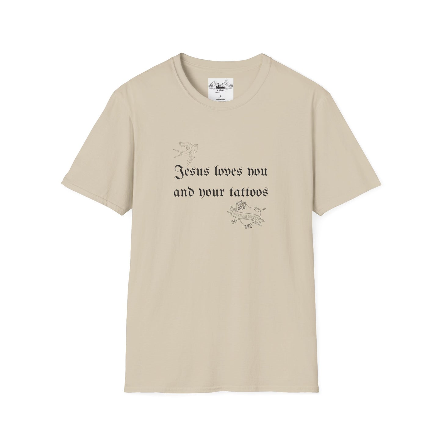 Jesus Loves You and Your Tattoos – Tattoo Dove & Heart T-Shirt
