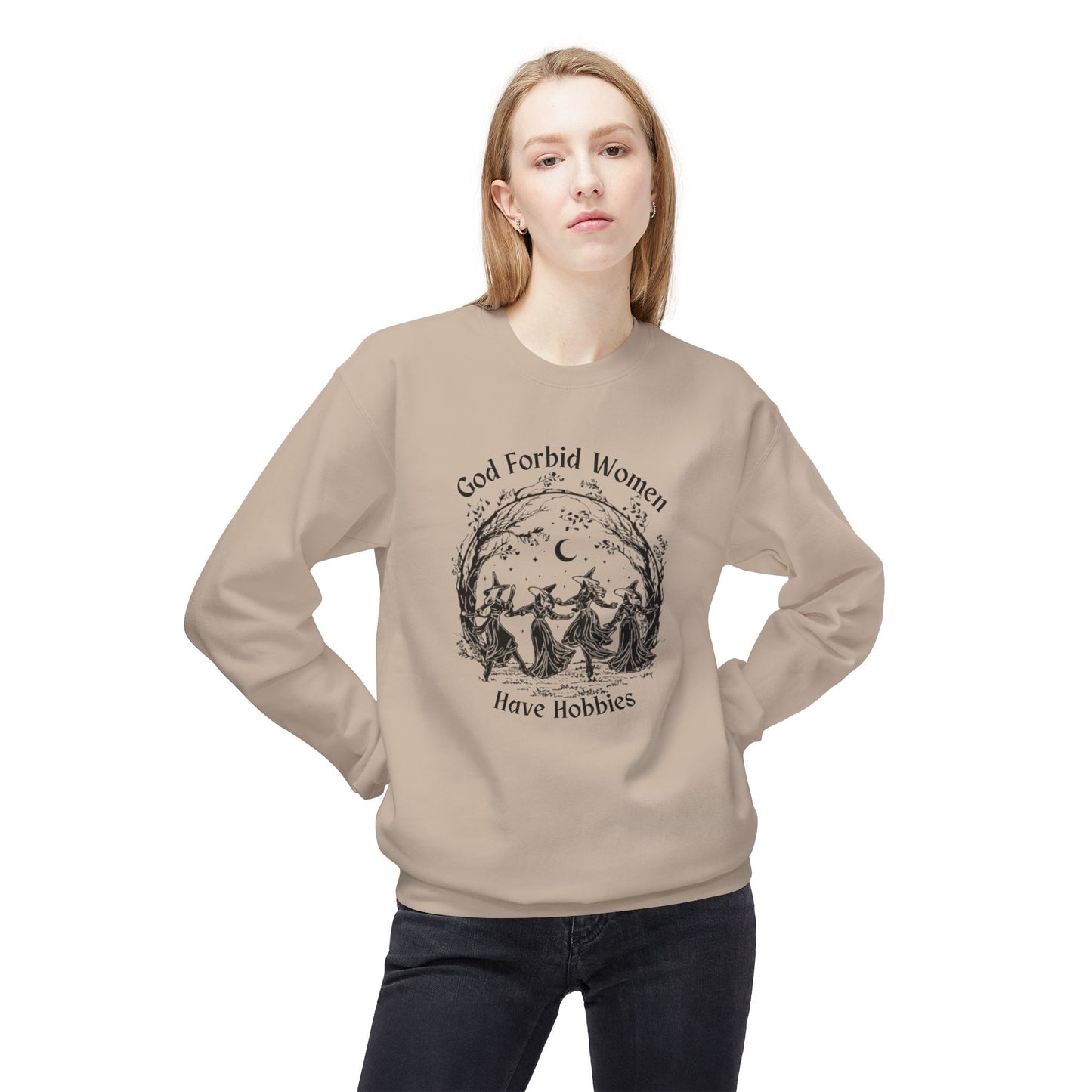 "God Forbid, Women Have Hobbies" Unisex Midweight Fleece Crewneck Sweatshirt