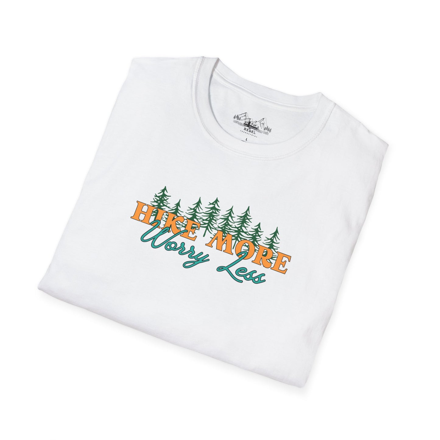 Hike More Worry Less | Retro Pine Trees Unisex Softstyle T-Shirt