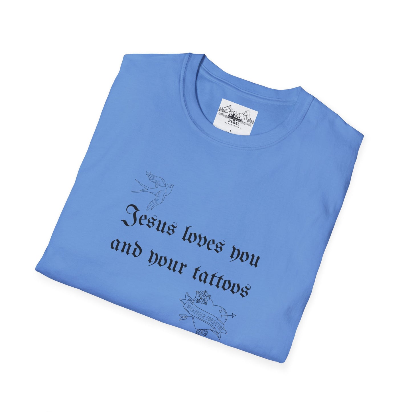 Jesus Loves You and Your Tattoos – Tattoo Dove & Heart T-Shirt