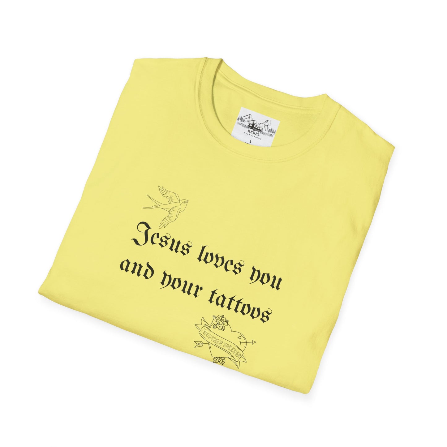 Jesus Loves You and Your Tattoos – Tattoo Dove & Heart T-Shirt